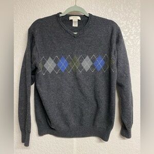 Merona Men 100% Merino Wool Dark Gray Argyle V-Neck Sweater